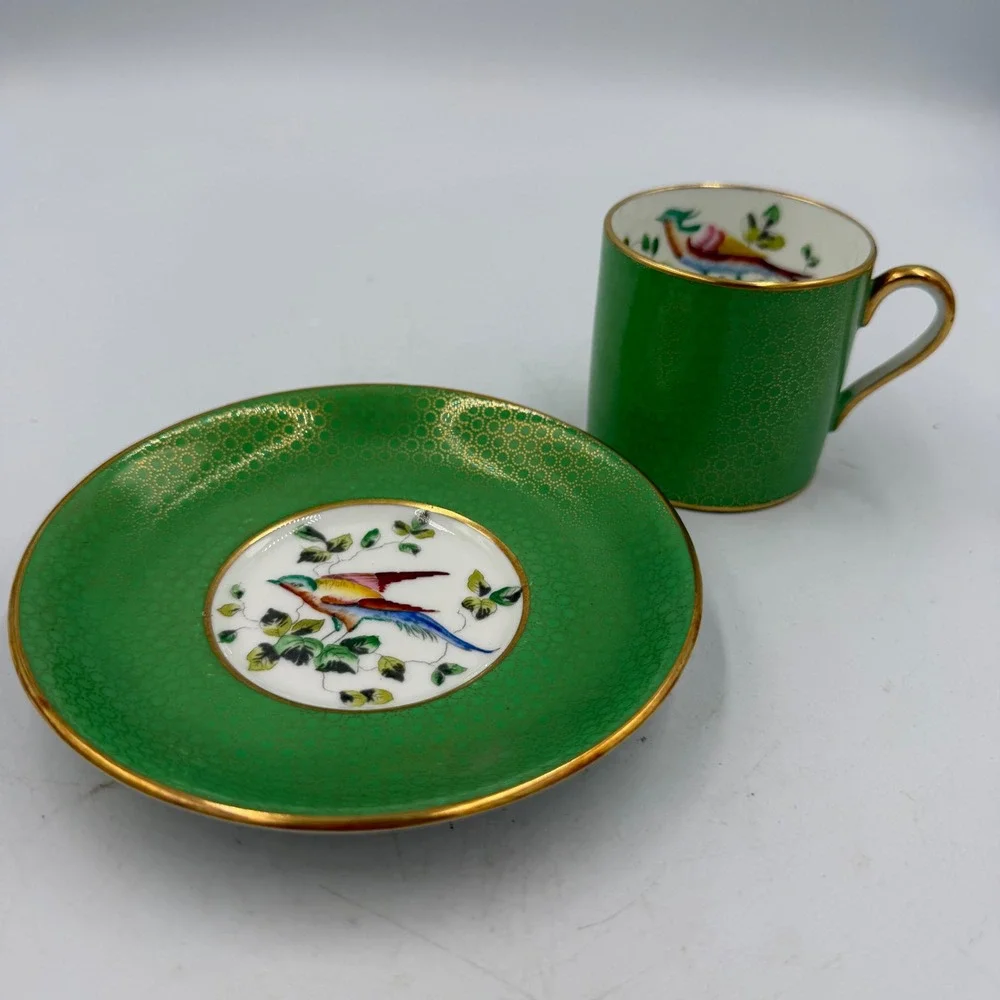 Rare Hammersley T Goode London Bone China Demitasse Cup Saucer Green Gold Bird